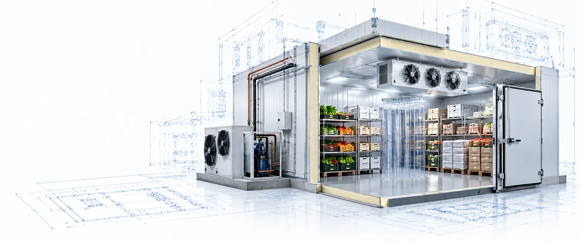 Cut-away cold room showing the condensing unit, PUF insulated panels, evaporator, storage racking, strip curtain and insulated door