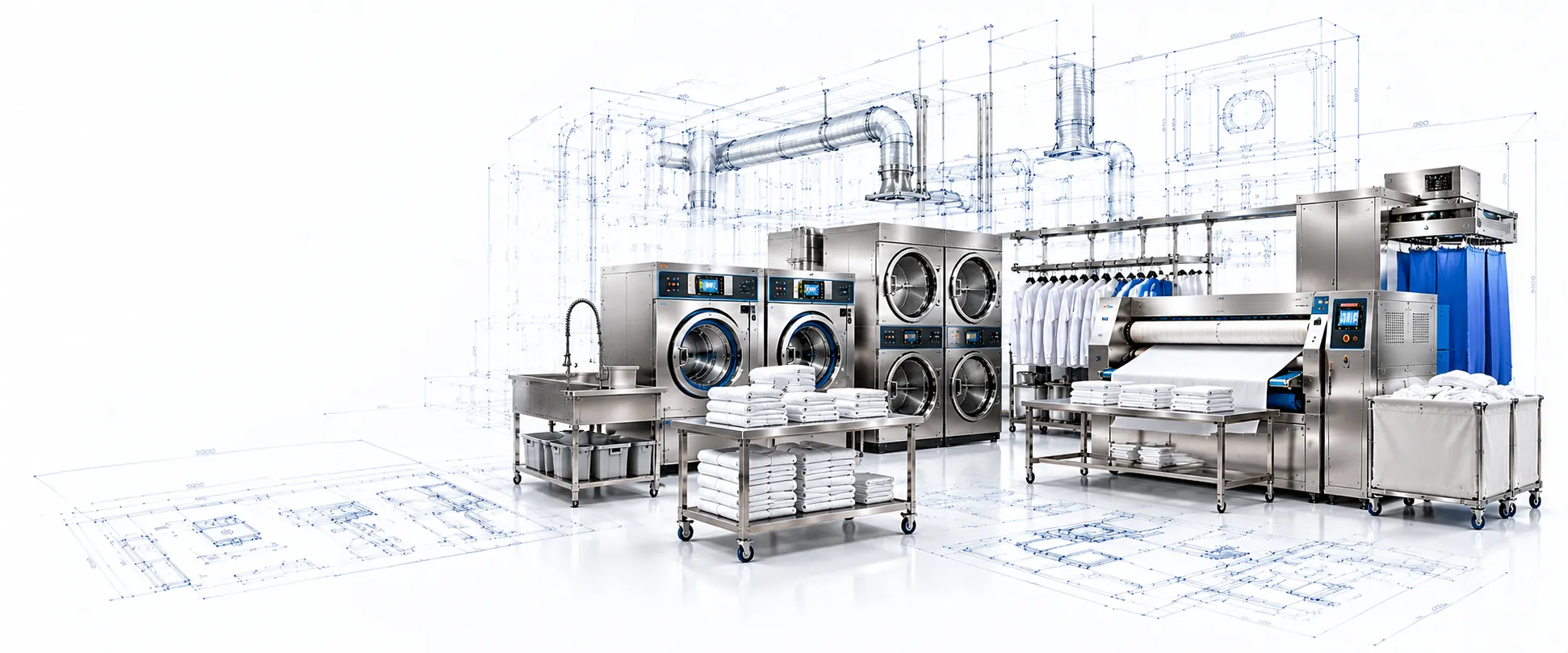 Commercial laundry with washer extractors, stacked tumble dryers, a flatwork ironer, finishing rail and linen trolleys